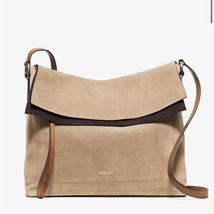 Michael Kors Collection Sedona Large Suede Flap Messenger Bag Tan Brown